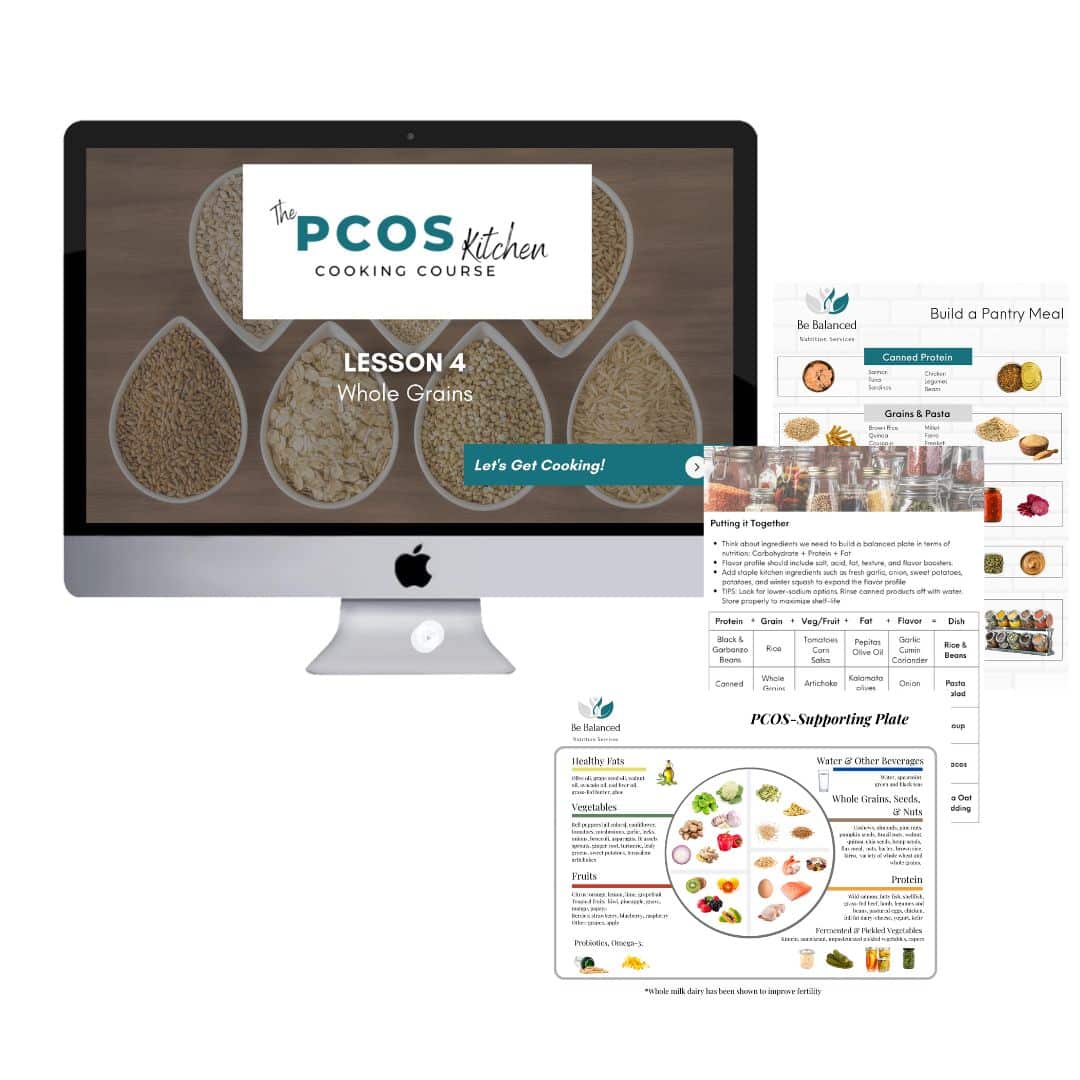 Picture of laptop with The PCOS Kitchen Cooking Course Module 4 Grain whole presentation along with varies handout