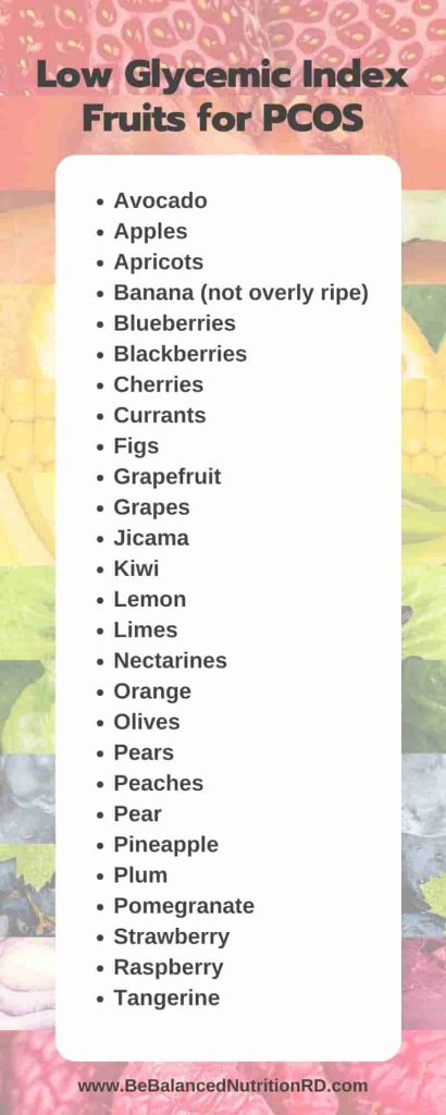 Info graphic showing the best fruits for PCOS- a list of lower glycemic index fruits for PCOS