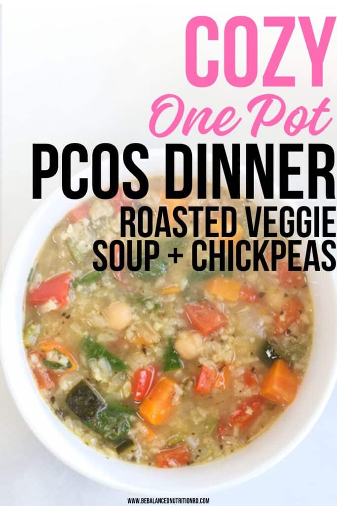 White bowl filled with PCOS-friendly roasted vegetable soup with chickpeas