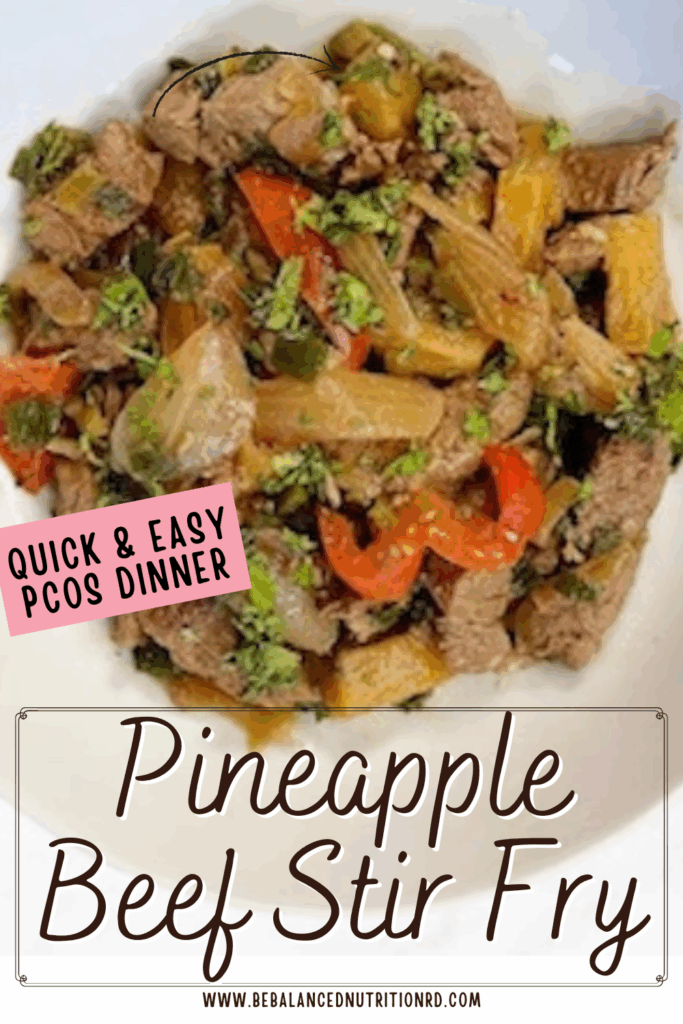 White bowl fill with insulin resistance and PCOS-friendly Pineapple Beef stir fry with peppers on white background.