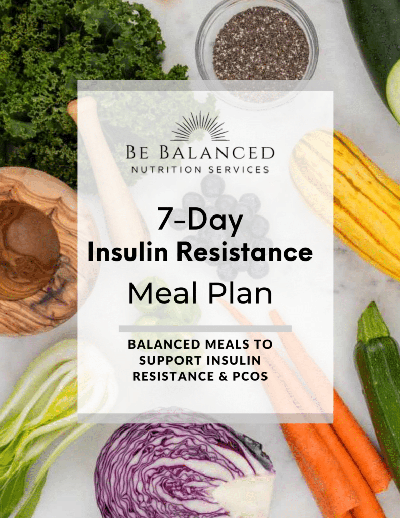 Graphic saying 7-day insulin resistance meal plan for PCOS with a background of produce.